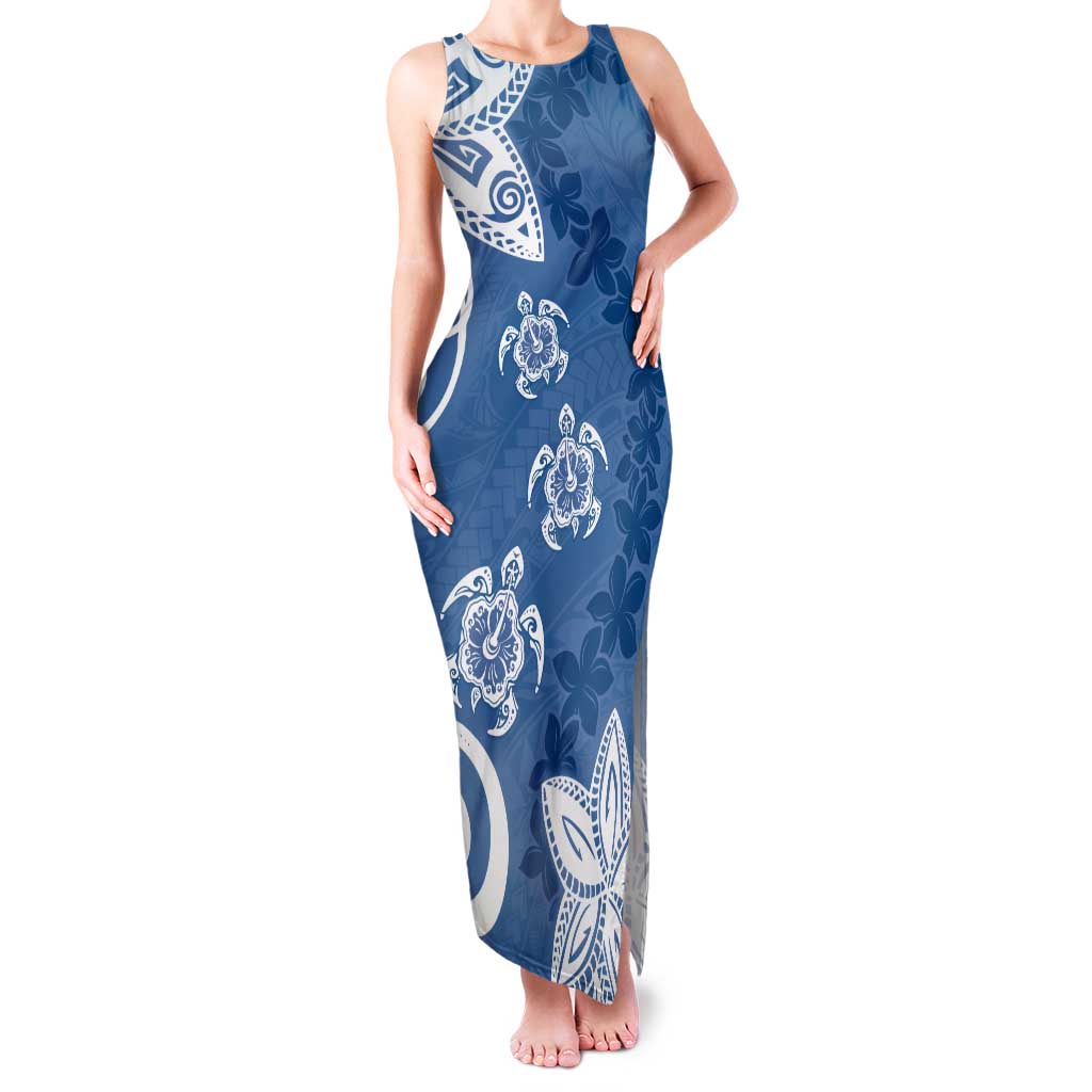 Polynesia Family Matching Tank Maxi Dress and Hawaiian Shirt Blue Tribal Turtle Floral Pattern LT05 Mom's Dress Blue - Polynesian Pride