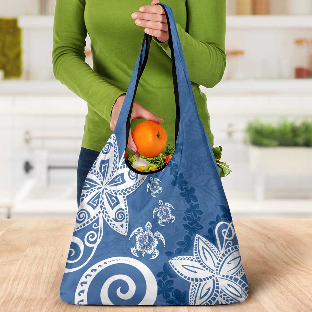 Polynesia Grocery Bag Blue Tribal Turtle Floral Pattern