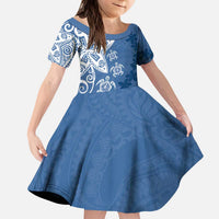 Polynesia Kid Short Sleeve Dress Blue Tribal Turtle Floral Pattern LT05 KID Blue - Polynesian Pride