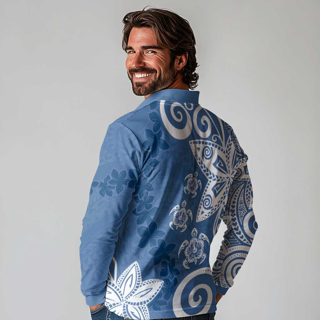 Polynesia Long Sleeve Polo Shirt Blue Tribal Turtle Floral Pattern