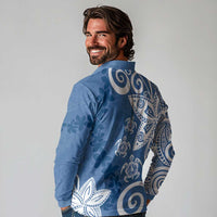 Polynesia Long Sleeve Polo Shirt Blue Tribal Turtle Floral Pattern