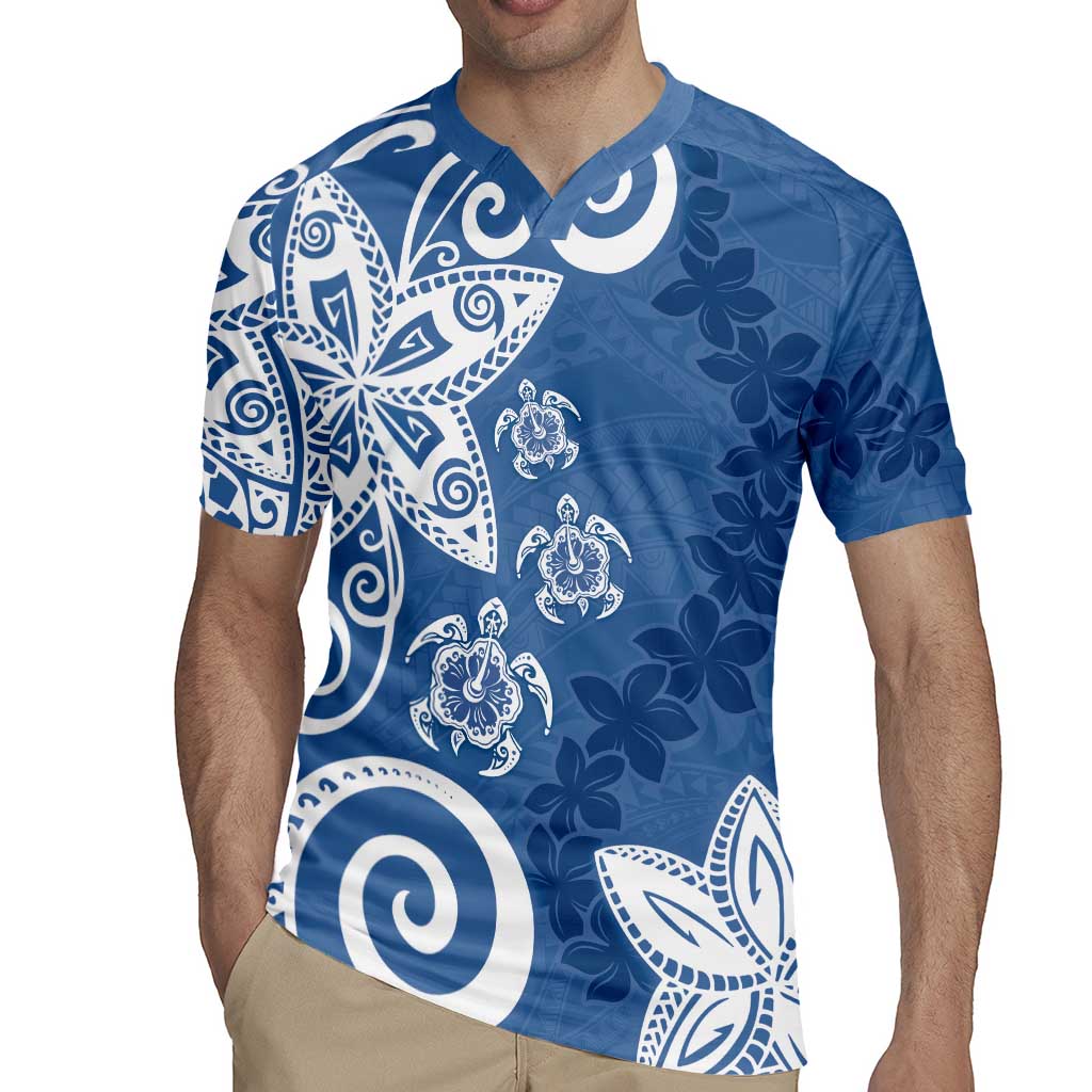 Polynesia Rugby Jersey Blue Tribal Turtle Floral Pattern