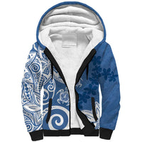 Polynesia Sherpa Hoodie Blue Tribal Turtle Floral Pattern
