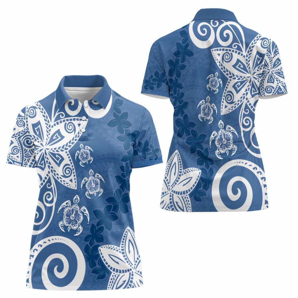 Polynesia Women Polo Shirt Blue Tribal Turtle Floral Pattern