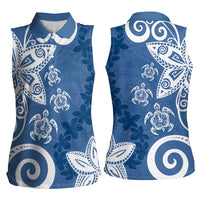 Polynesia Women Sleeveless Polo Shirt Blue Tribal Turtle Floral Pattern