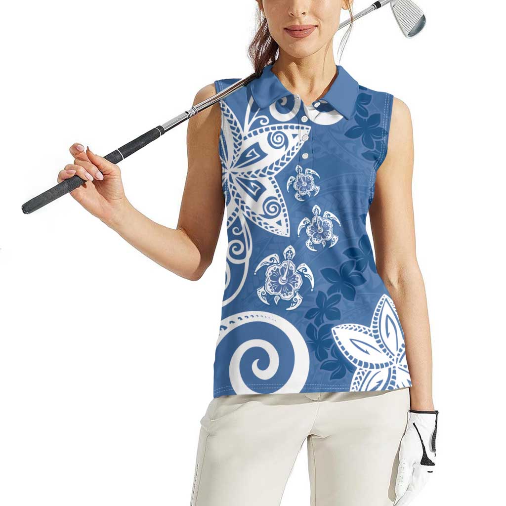 Polynesia Women Sleeveless Polo Shirt Blue Tribal Turtle Floral Pattern