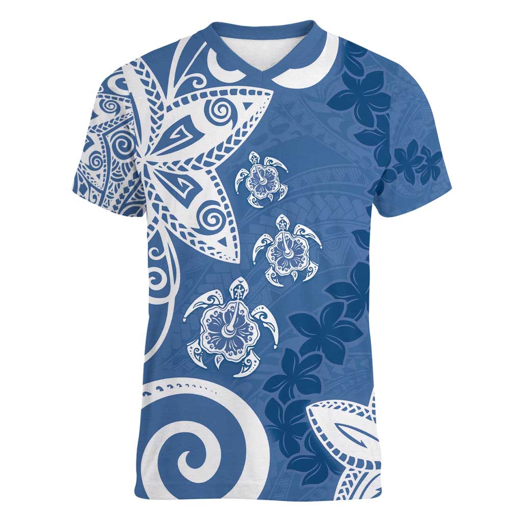 Polynesia Women V-Neck T-Shirt Blue Tribal Turtle Floral Pattern