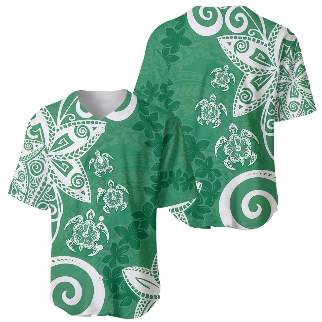 Polynesia Baseball Jersey Green Tribal Turtle Floral Pattern LT05 - Polynesian Pride