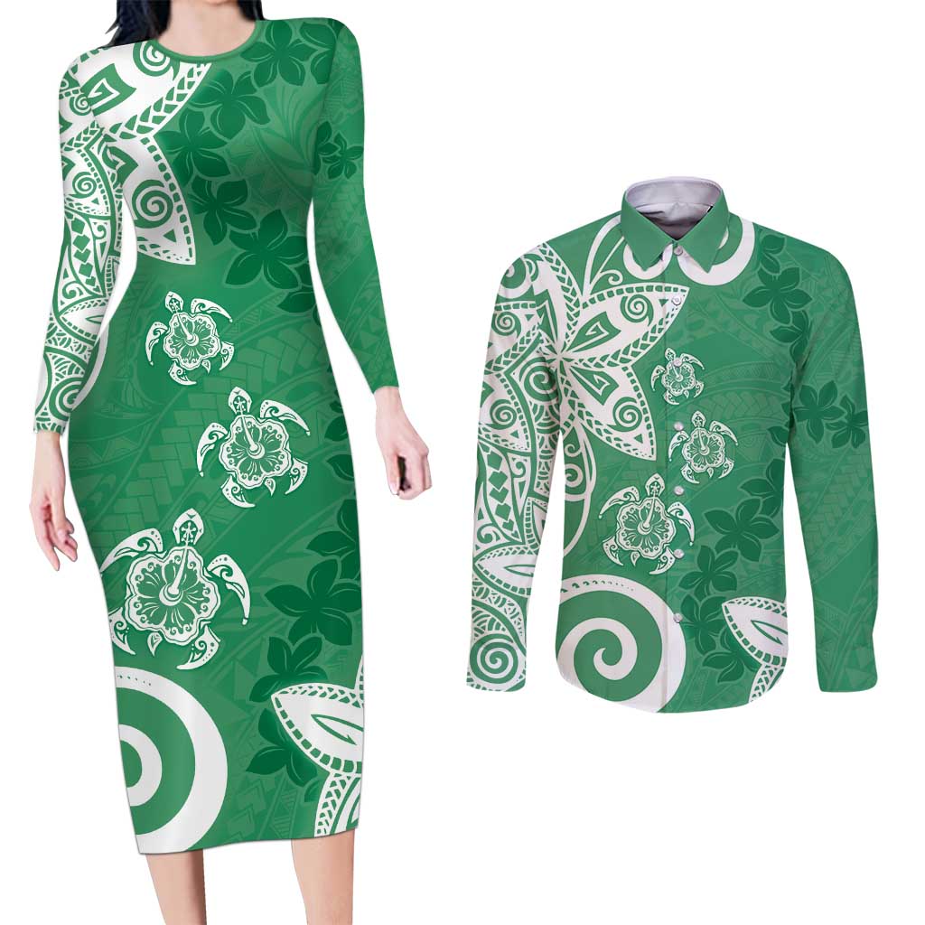 Polynesia Couples Matching Long Sleeve Bodycon Dress and Long Sleeve Button Shirt Green Tribal Turtle Floral Pattern LT05 Green - Polynesian Pride