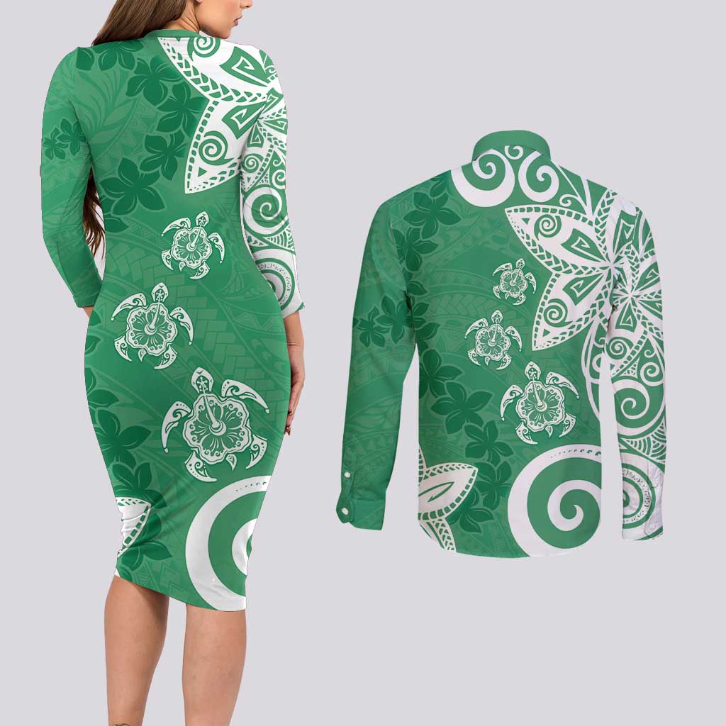 Polynesia Couples Matching Long Sleeve Bodycon Dress and Long Sleeve Button Shirt Green Tribal Turtle Floral Pattern
