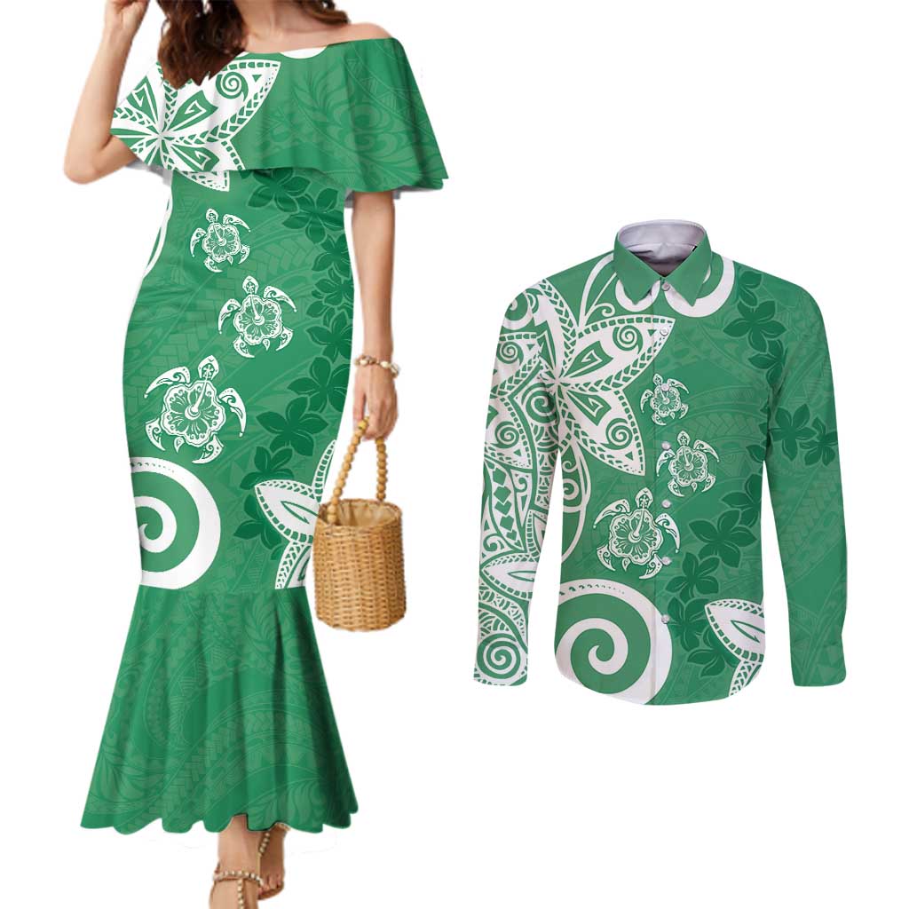 Polynesia Couples Matching Mermaid Dress and Long Sleeve Button Shirt Green Tribal Turtle Floral Pattern LT05 Green - Polynesian Pride