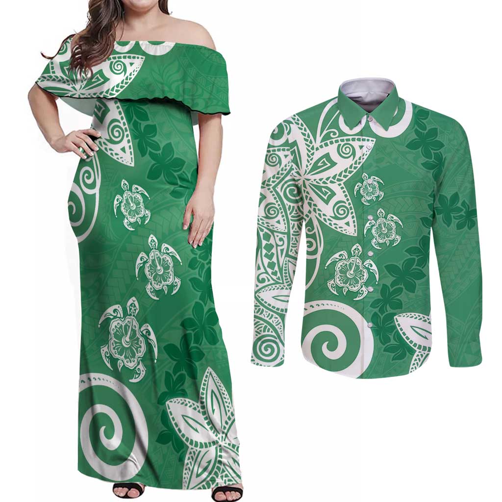 Polynesia Couples Matching Off Shoulder Maxi Dress and Long Sleeve Button Shirt Green Tribal Turtle Floral Pattern LT05 Green - Polynesian Pride