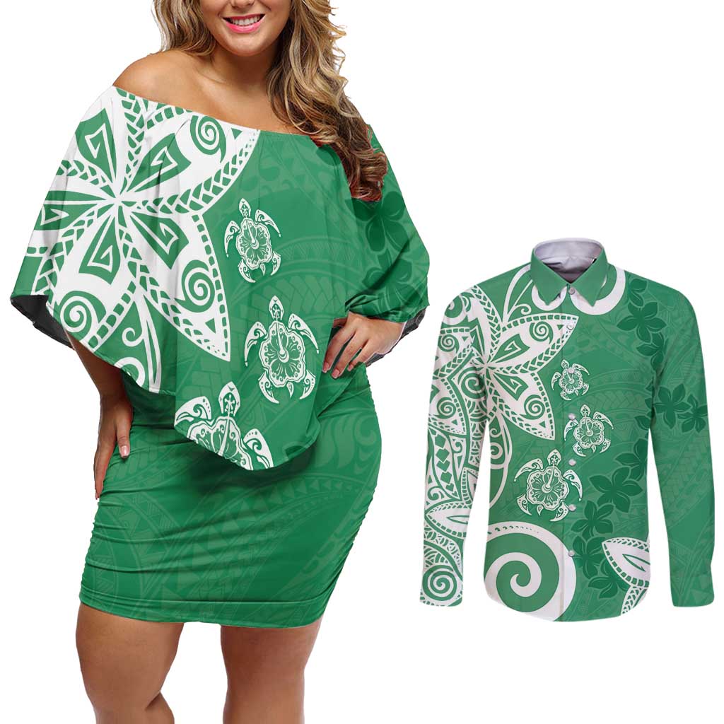 Polynesia Couples Matching Off Shoulder Short Dress and Long Sleeve Button Shirt Green Tribal Turtle Floral Pattern LT05 Green - Polynesian Pride