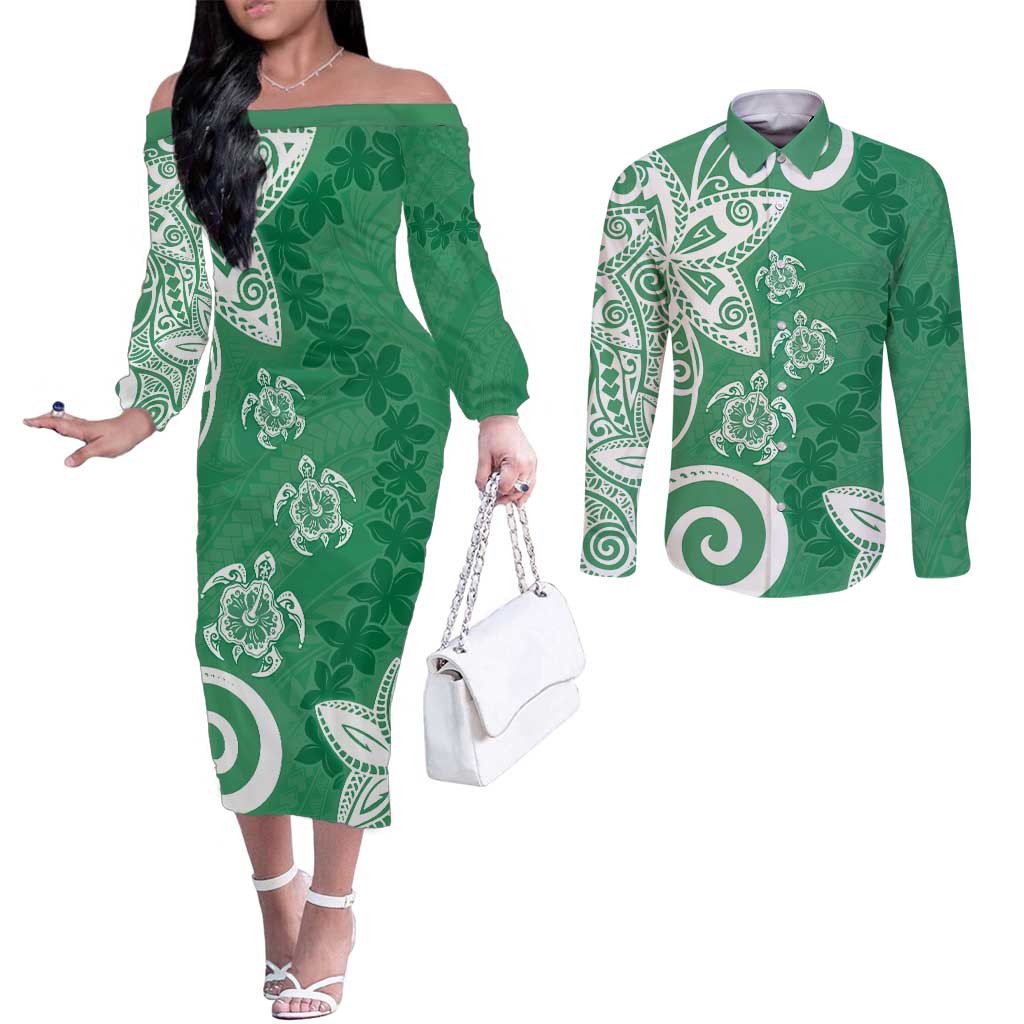 Polynesia Couples Matching Off The Shoulder Long Sleeve Dress and Long Sleeve Button Shirt Green Tribal Turtle Floral Pattern