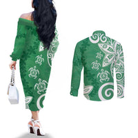 Polynesia Couples Matching Off The Shoulder Long Sleeve Dress and Long Sleeve Button Shirt Green Tribal Turtle Floral Pattern