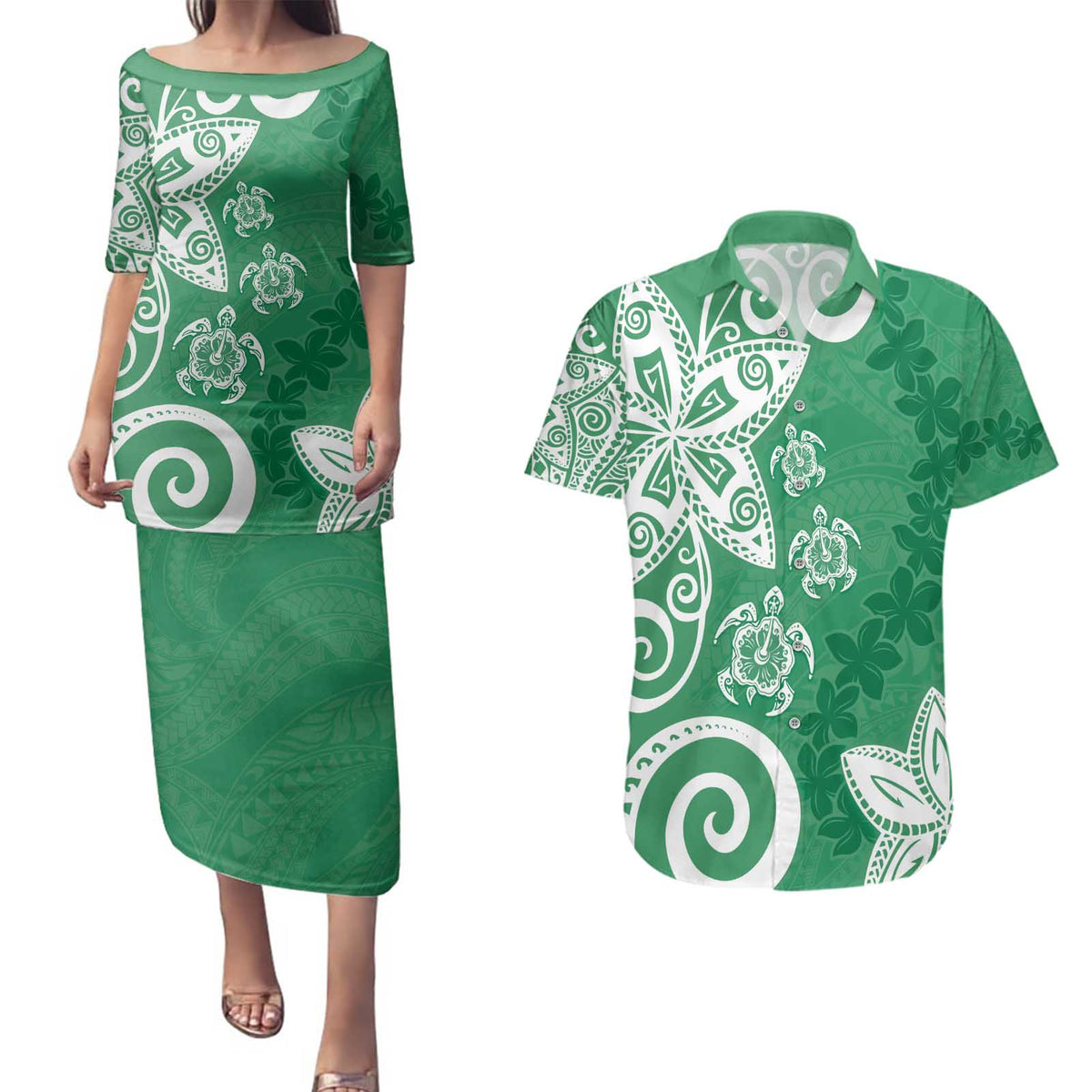 Polynesia Couples Matching Puletasi and Hawaiian Shirt Green Tribal Turtle Floral Pattern