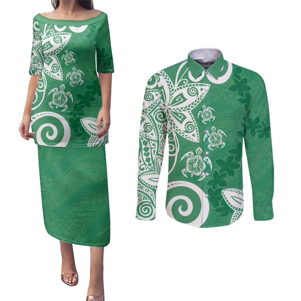 Polynesia Couples Matching Puletasi and Long Sleeve Button Shirt Green Tribal Turtle Floral Pattern LT05 Green - Polynesian Pride