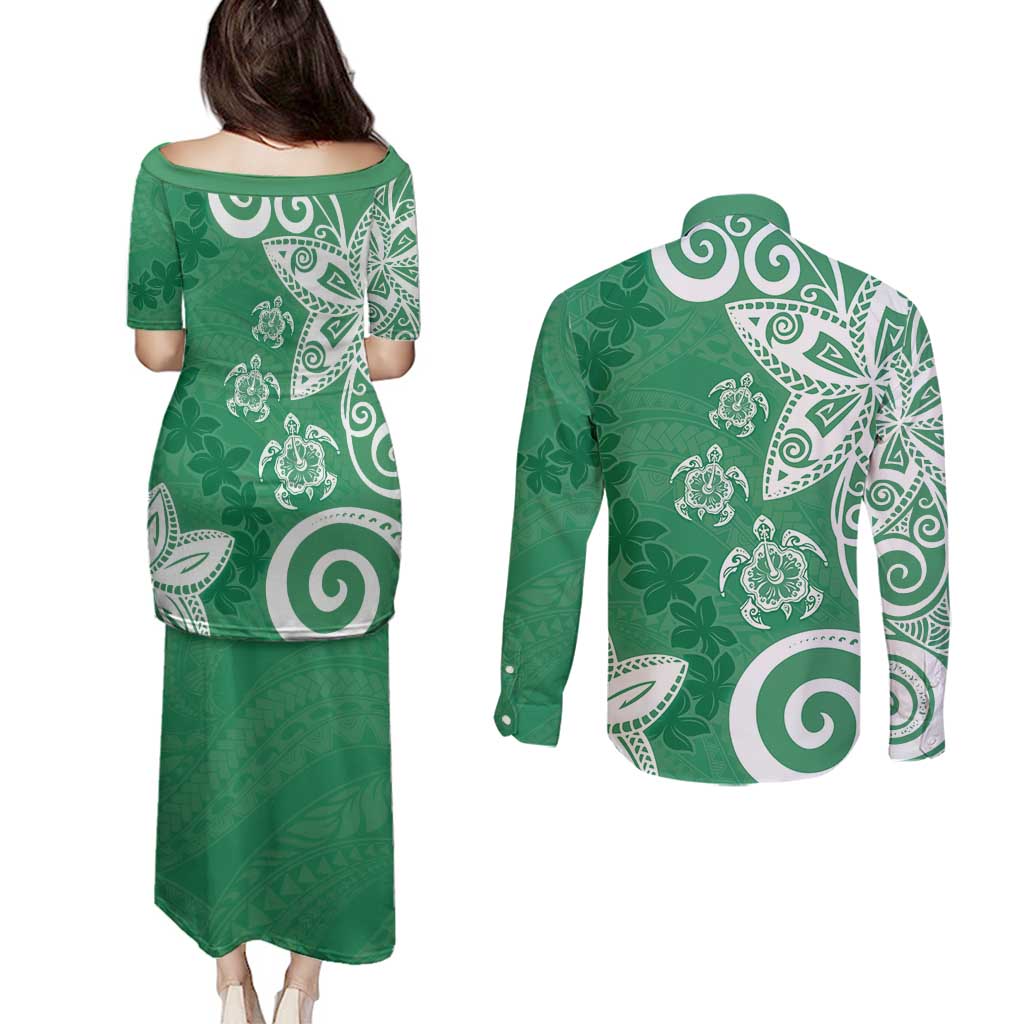 Polynesia Couples Matching Puletasi and Long Sleeve Button Shirt Green Tribal Turtle Floral Pattern