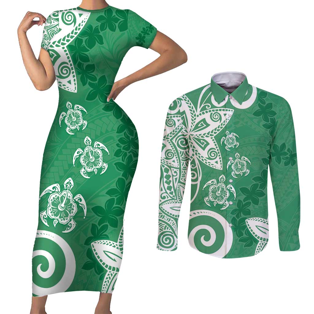 Polynesia Couples Matching Short Sleeve Bodycon Dress and Long Sleeve Button Shirt Green Tribal Turtle Floral Pattern LT05 Green - Polynesian Pride