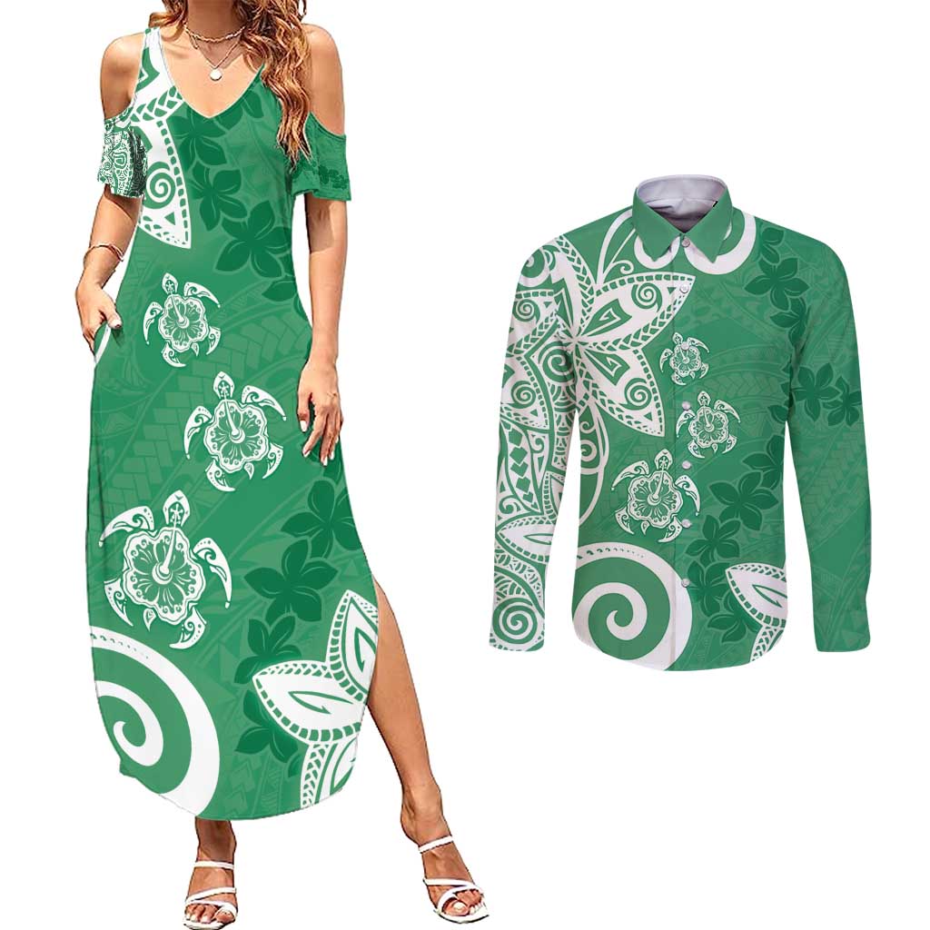 Polynesia Couples Matching Summer Maxi Dress and Long Sleeve Button Shirt Green Tribal Turtle Floral Pattern LT05 Green - Polynesian Pride