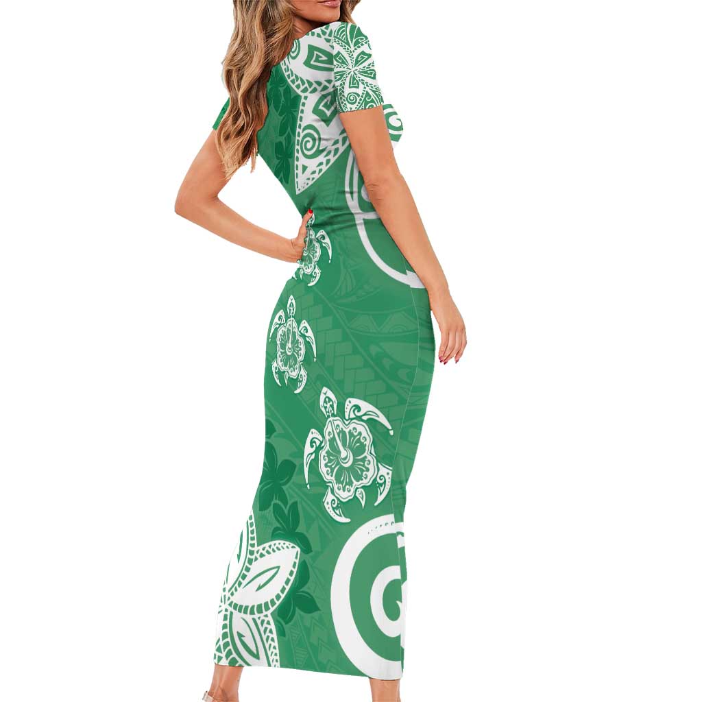 Polynesia Family Matching Short Sleeve Bodycon Dress and Hawaiian Shirt Green Tribal Turtle Floral Pattern