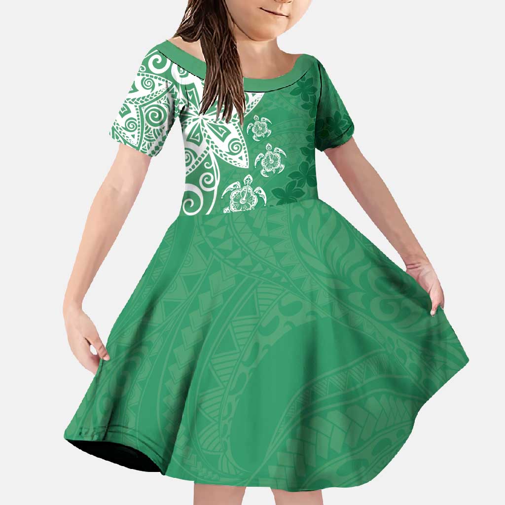 Polynesia Family Matching Tank Maxi Dress and Hawaiian Shirt Green Tribal Turtle Floral Pattern LT05 Daughter's Dress Green - Polynesian Pride