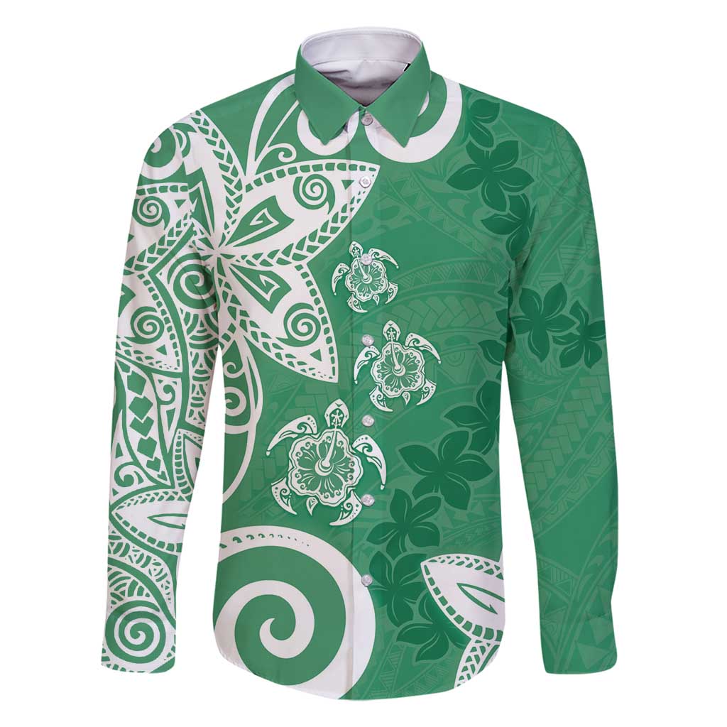Polynesia Family Matching Tank Maxi Dress and Hawaiian Shirt Green Tribal Turtle Floral Pattern LT05 Dad's Shirt - Long Sleeve Green - Polynesian Pride