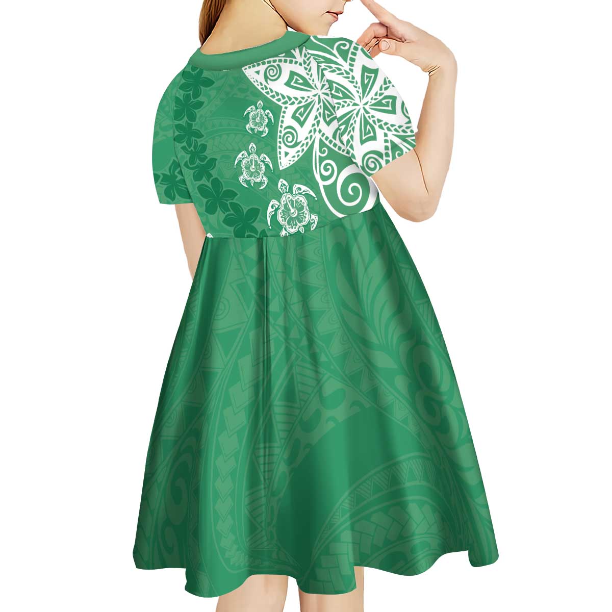 Polynesia Kid Short Sleeve Dress Green Tribal Turtle Floral Pattern LT05 - Polynesian Pride