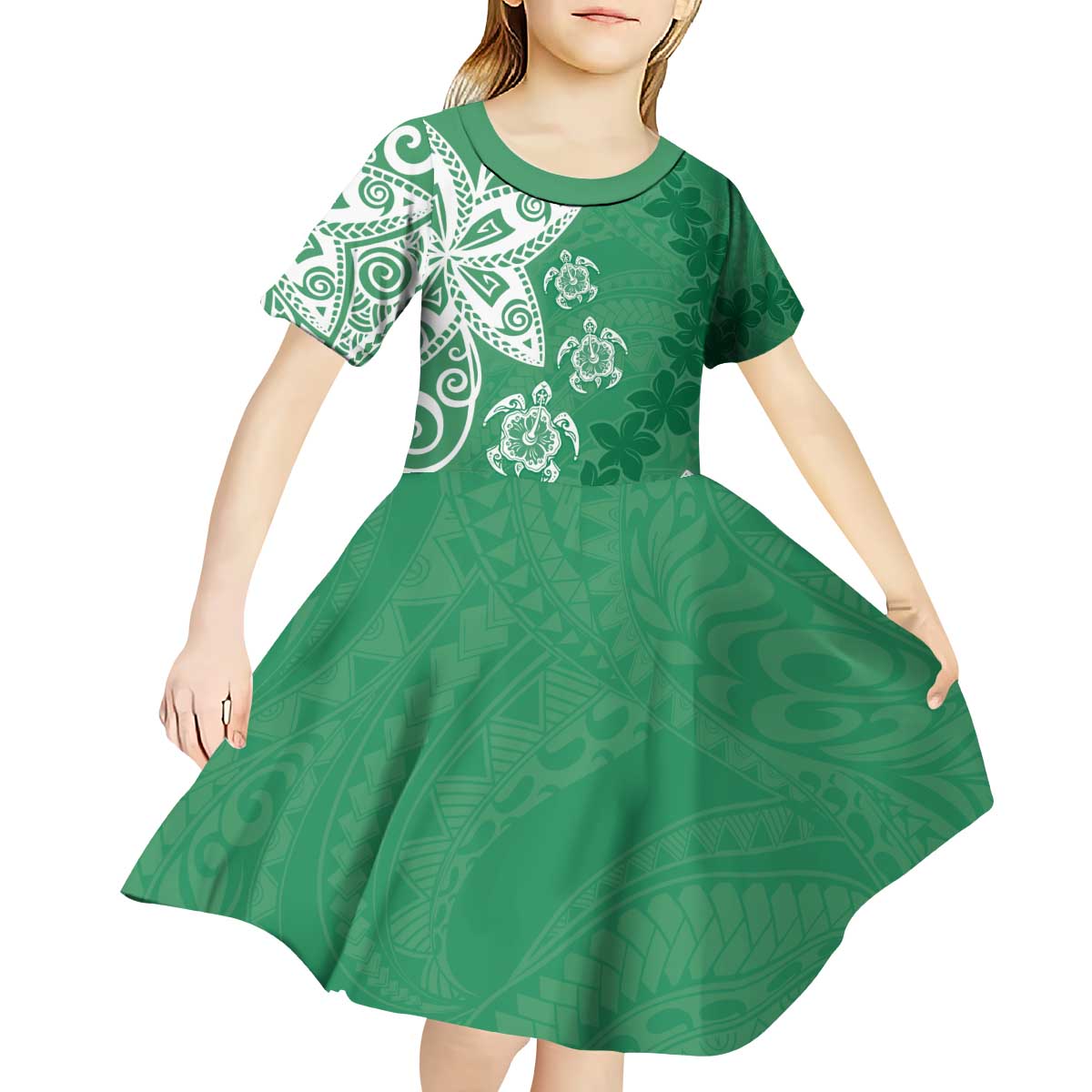 Polynesia Kid Short Sleeve Dress Green Tribal Turtle Floral Pattern LT05 - Polynesian Pride
