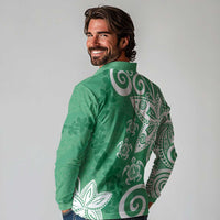 Polynesia Long Sleeve Polo Shirt Green Tribal Turtle Floral Pattern
