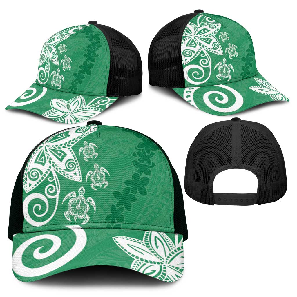 Polynesia Mesh Trucker Cap Green Tribal Turtle Floral Pattern - Polynesian Pride