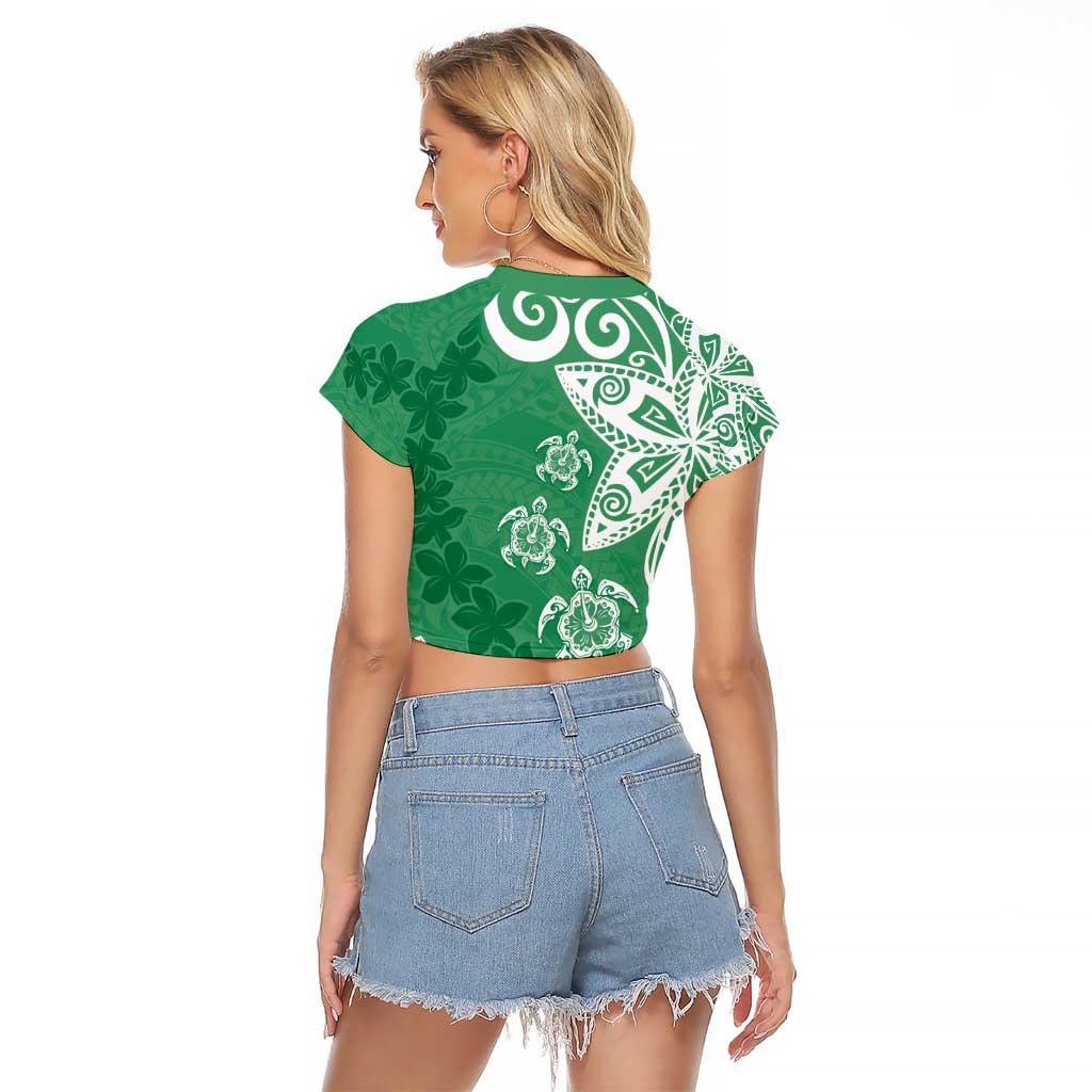 Polynesia Raglan Cropped T Shirt Green Tribal Turtle Floral Pattern