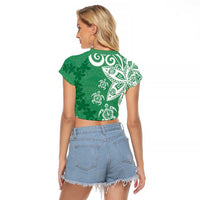 Polynesia Raglan Cropped T Shirt Green Tribal Turtle Floral Pattern