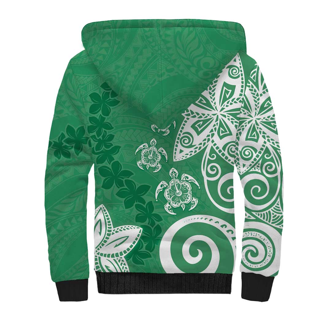 Polynesia Sherpa Hoodie Green Tribal Turtle Floral Pattern