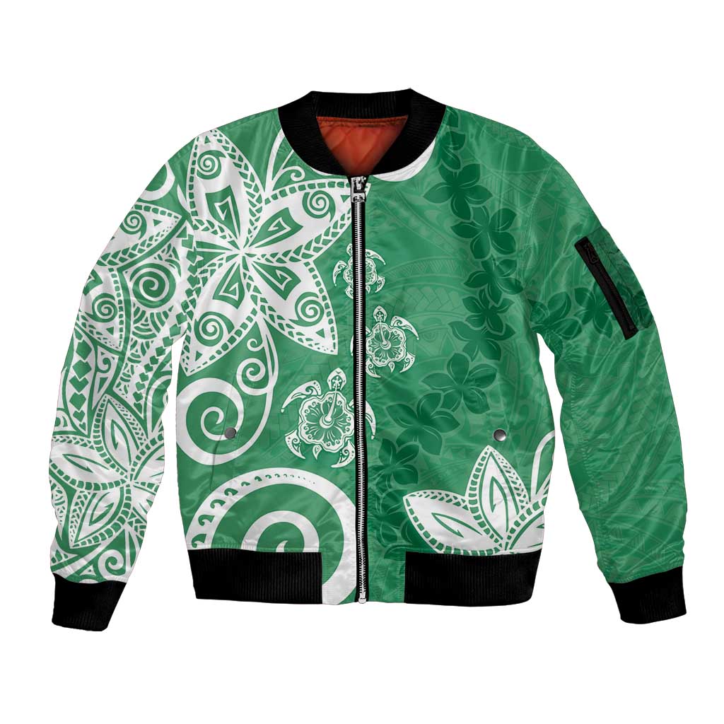 Polynesia Sleeve Zip Bomber Jacket Green Tribal Turtle Floral Pattern LT05 Unisex Green - Polynesian Pride