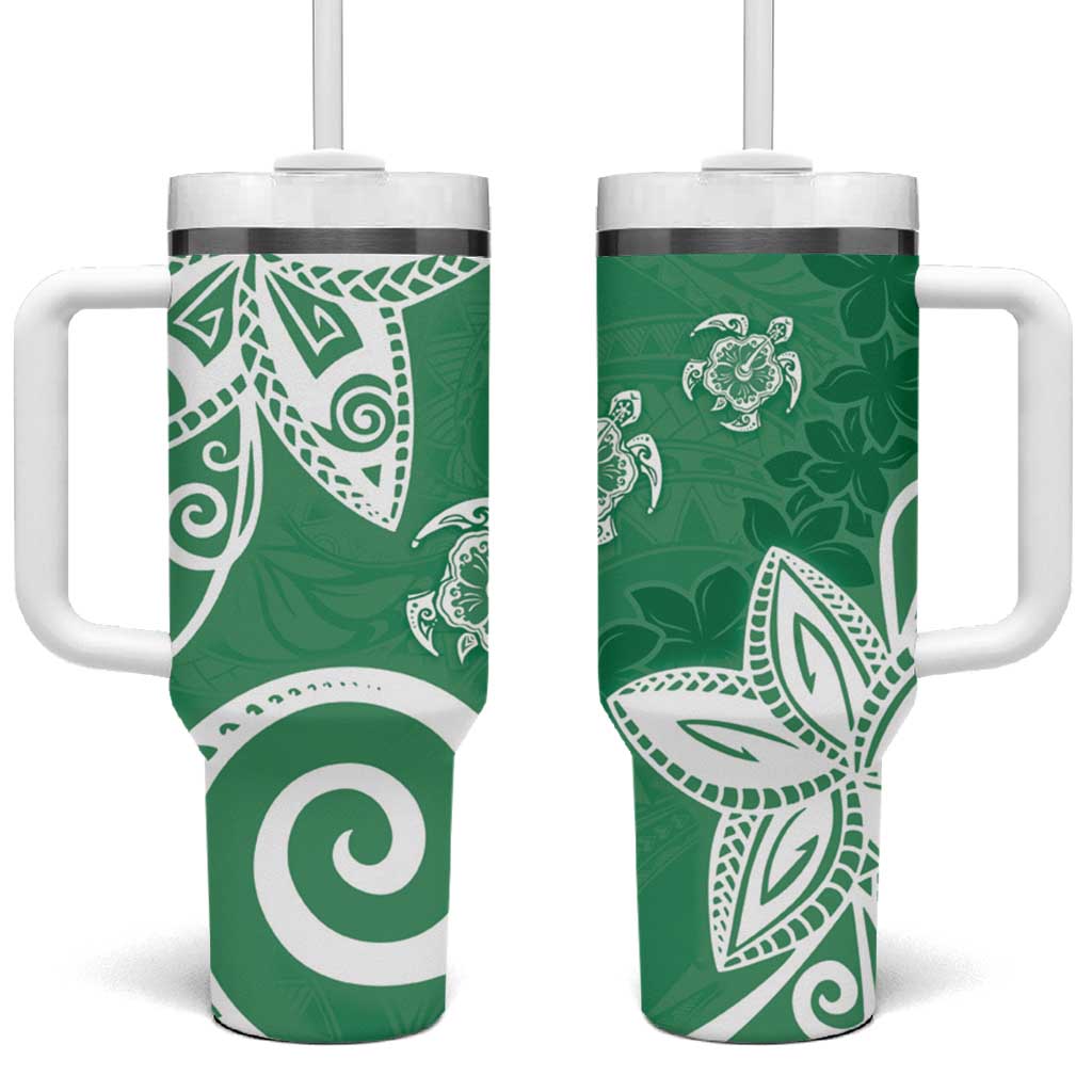 Polynesia Tumbler With Handle Green Tribal Turtle Floral Pattern