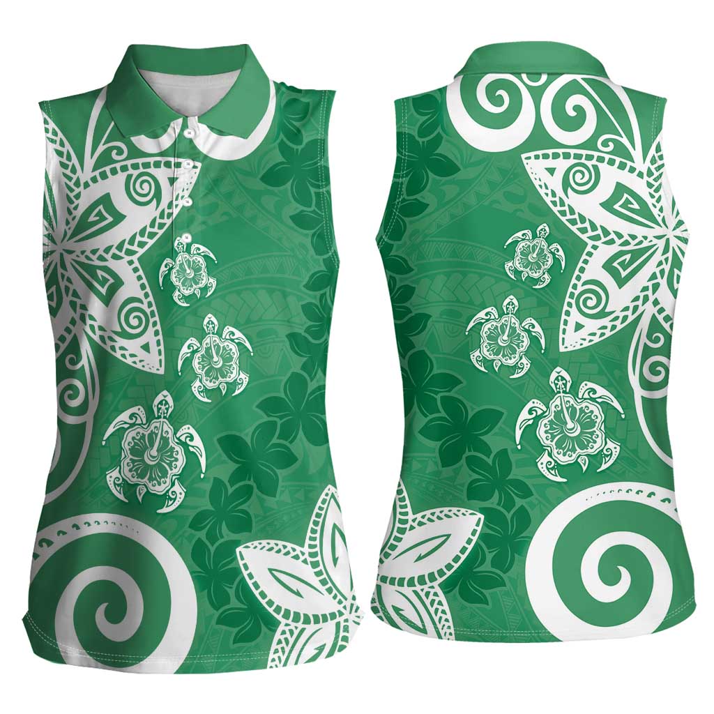 Polynesia Women Sleeveless Polo Shirt Green Tribal Turtle Floral Pattern