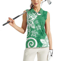 Polynesia Women Sleeveless Polo Shirt Green Tribal Turtle Floral Pattern