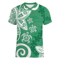 Polynesia Women V-Neck T-Shirt Green Tribal Turtle Floral Pattern