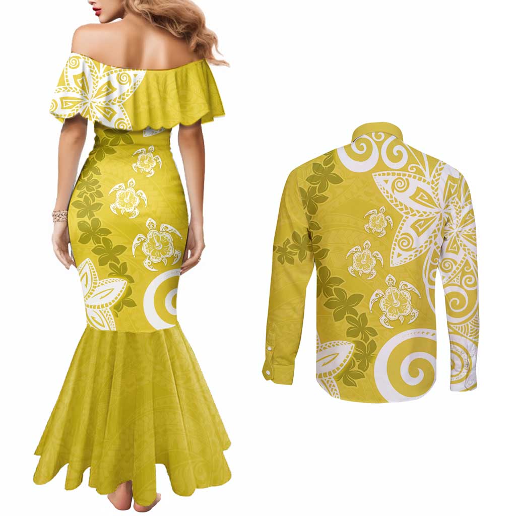 Polynesia Couples Matching Mermaid Dress and Long Sleeve Button Shirt Yellow Tribal Turtle Floral Pattern