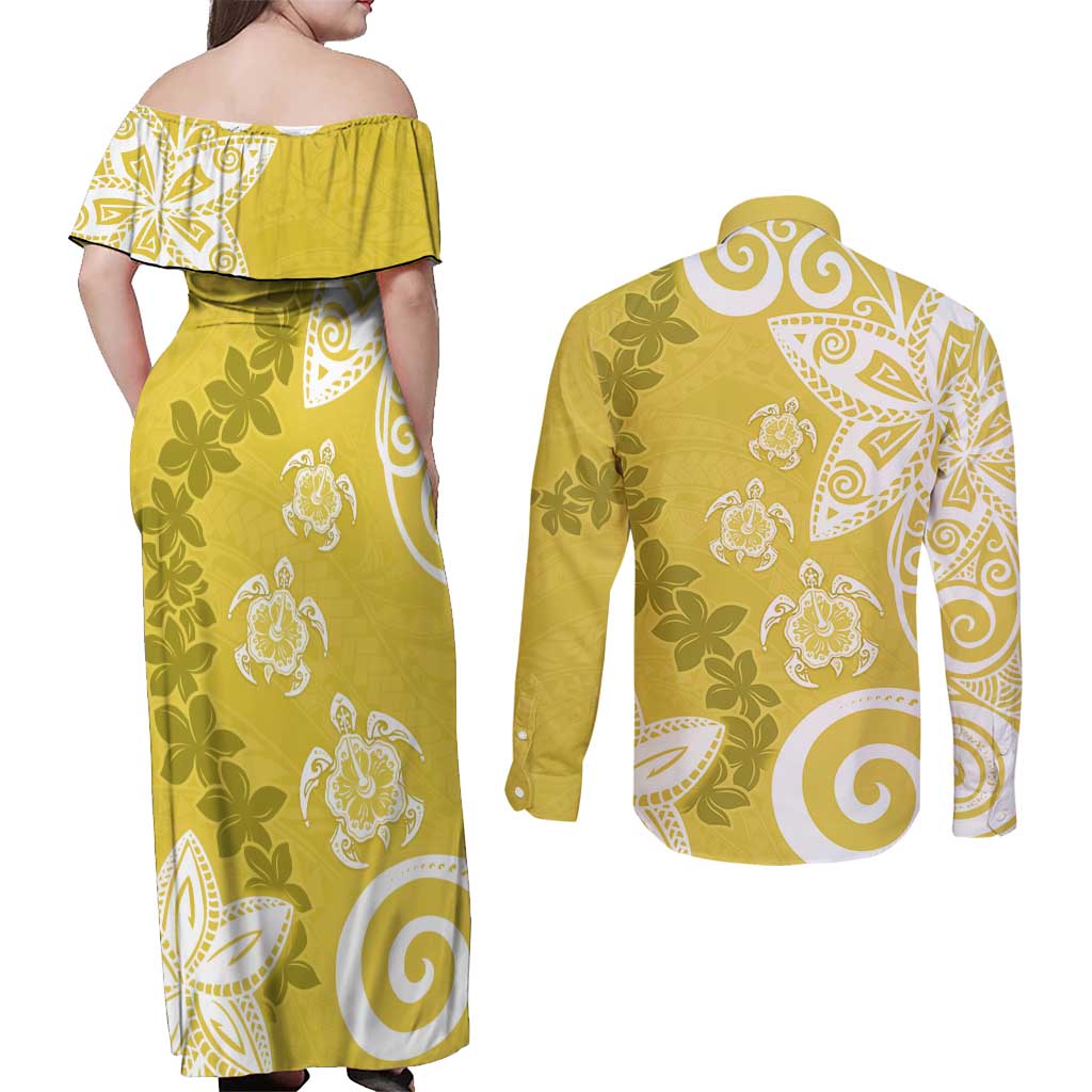 Polynesia Couples Matching Off Shoulder Maxi Dress and Long Sleeve Button Shirt Yellow Tribal Turtle Floral Pattern