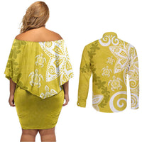 Polynesia Couples Matching Off Shoulder Short Dress and Long Sleeve Button Shirt Yellow Tribal Turtle Floral Pattern
