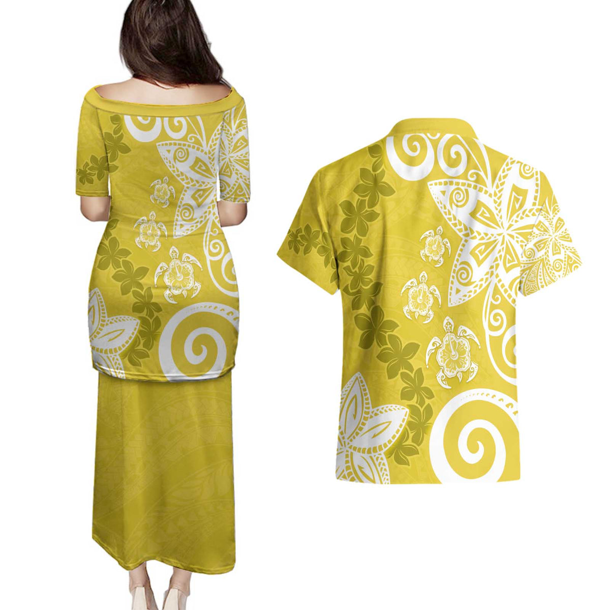 Polynesia Couples Matching Puletasi and Hawaiian Shirt Yellow Tribal Turtle Floral Pattern LT05 - Polynesian Pride