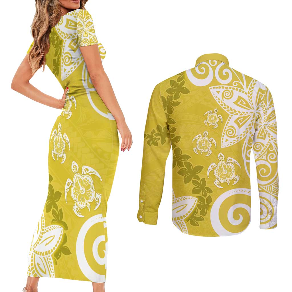 Polynesia Couples Matching Short Sleeve Bodycon Dress and Long Sleeve Button Shirt Yellow Tribal Turtle Floral Pattern