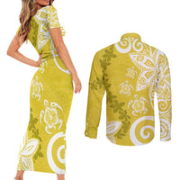 Polynesia Couples Matching Short Sleeve Bodycon Dress and Long Sleeve Button Shirt Yellow Tribal Turtle Floral Pattern
