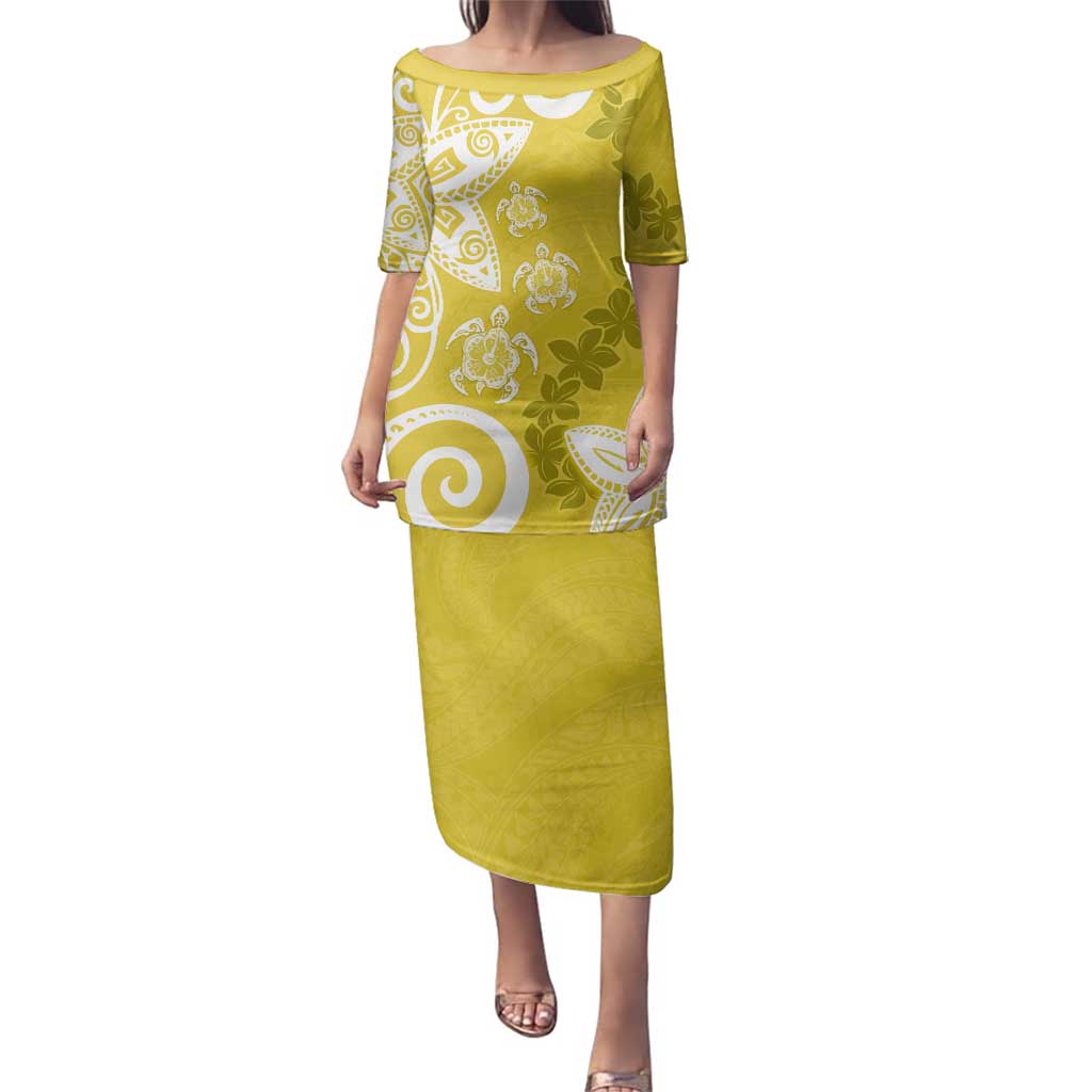 Polynesia Family Matching Puletasi and Hawaiian Shirt Yellow Tribal Turtle Floral Pattern