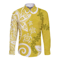 Polynesia Long Sleeve Button Shirt Yellow Tribal Turtle Floral Pattern