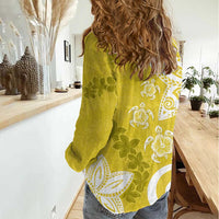 Polynesia Women Casual Shirt Yellow Tribal Turtle Floral Pattern