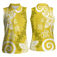 Polynesia Women Sleeveless Polo Shirt Yellow Tribal Turtle Floral Pattern