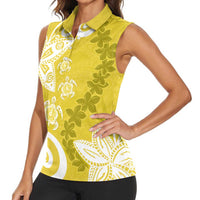 Polynesia Women Sleeveless Polo Shirt Yellow Tribal Turtle Floral Pattern